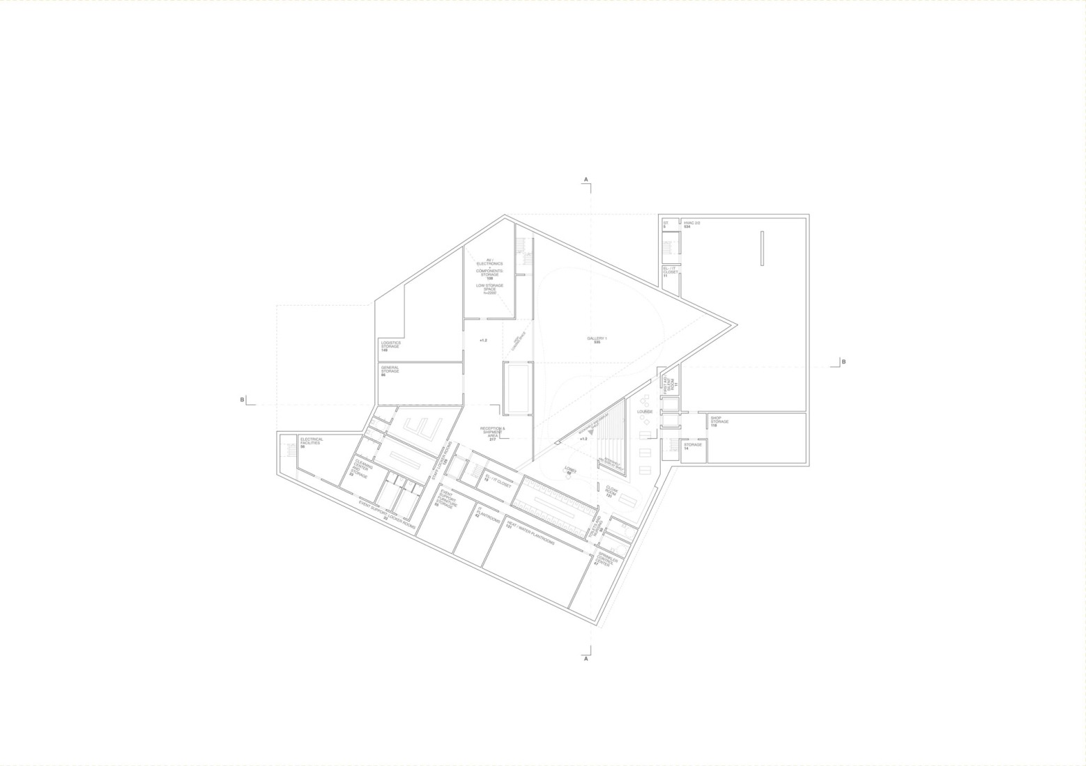 Plano de planta sótano. Nuevo Museo de Arquitectura y Diseño de Helsinki. Proyecto ganador: Kumma, por JKMM Architects.