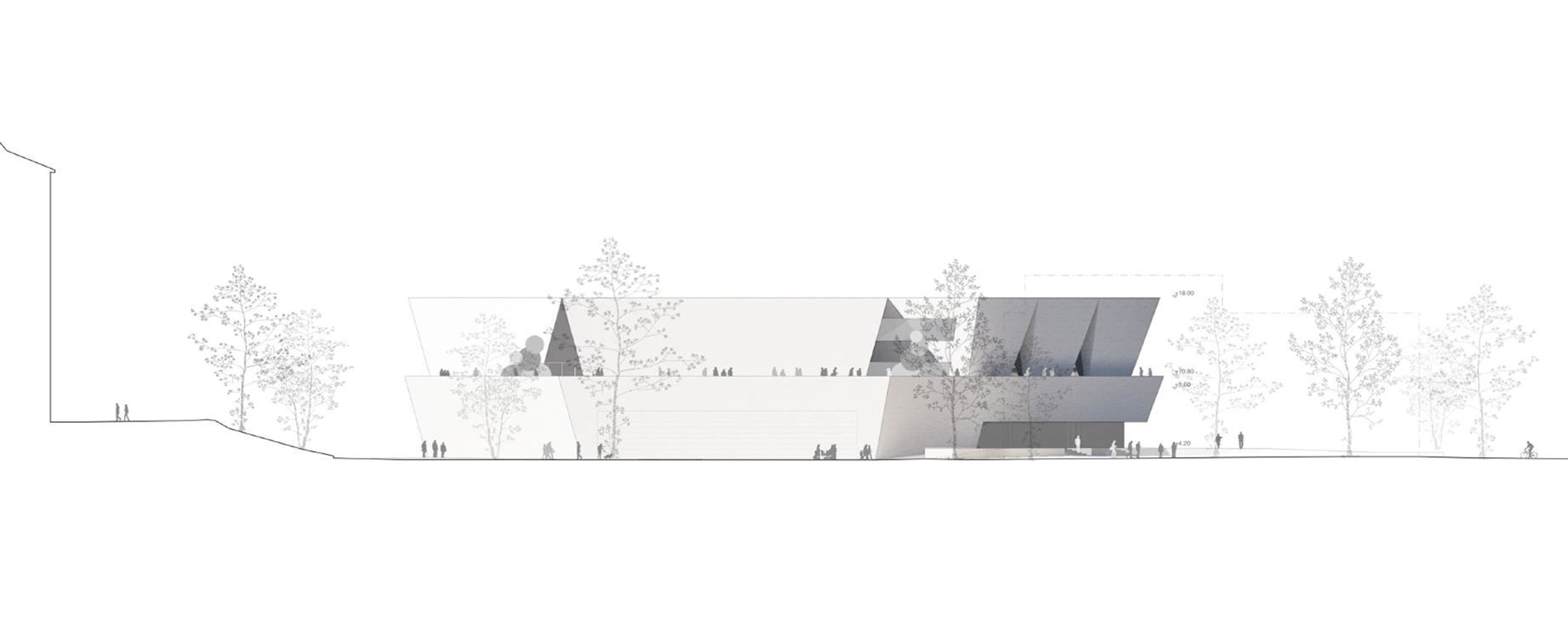 Alzado sur. Nuevo Museo de Arquitectura y Diseño de Helsinki. Proyecto ganador: Kumma, por JKMM Architects.