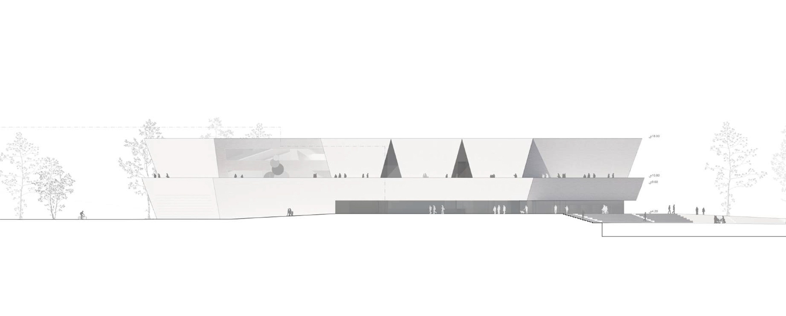 Alzado desde la orilla, sureste. Nuevo Museo de Arquitectura y Diseño de Helsinki. Proyecto ganador: Kumma, por JKMM Architects.