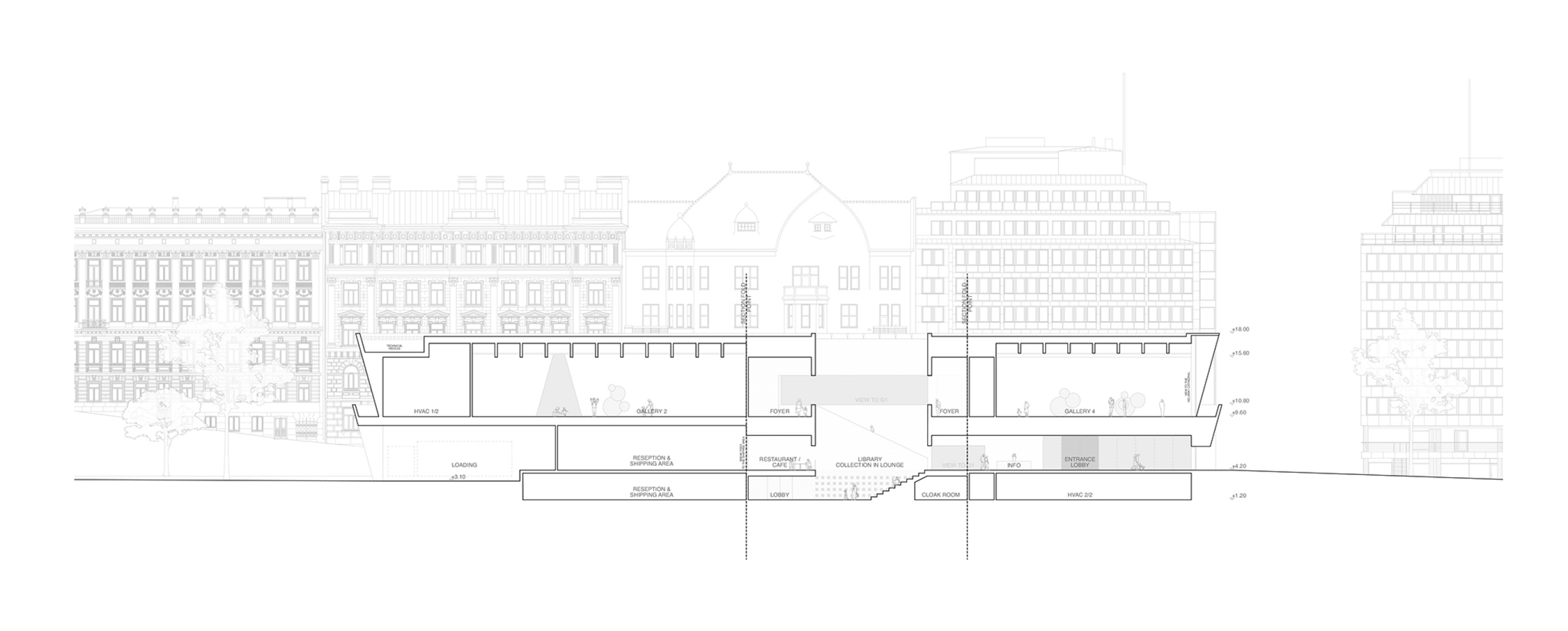 Sección. Nuevo Museo de Arquitectura y Diseño de Helsinki. Proyecto ganador: Kumma, por JKMM Architects.