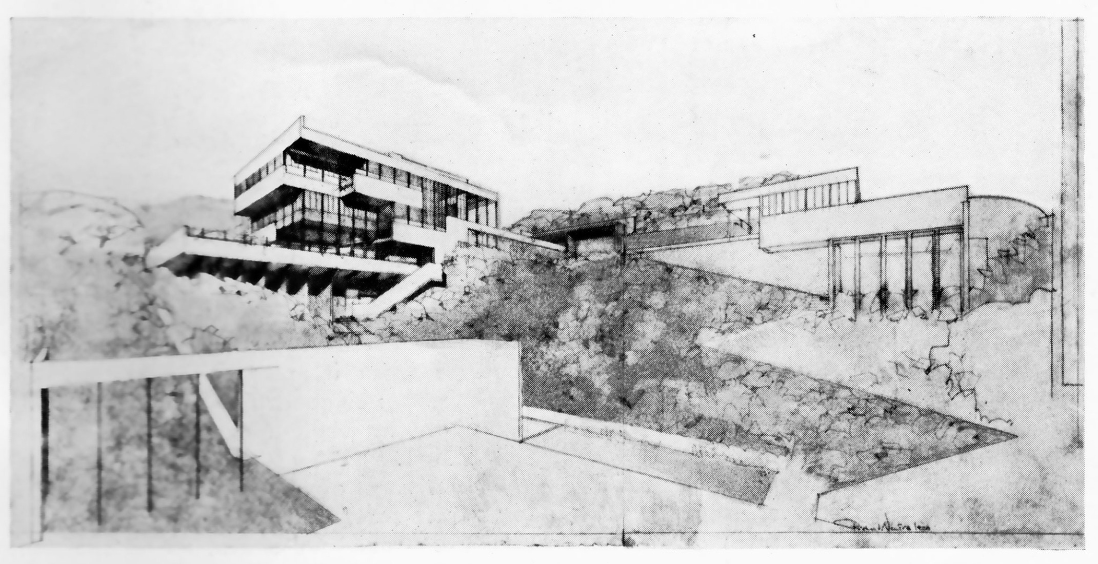 Vista general desde los patios inferiores, The Studio, Londres, marzo de 1930 . The Studio 99  n.º  443 (Londres), febrero de 1930, p. 79. Colección de Edward Dimendberg. © 2024 The Neutra Institute for Survival Through Design y reproducido con permiso.