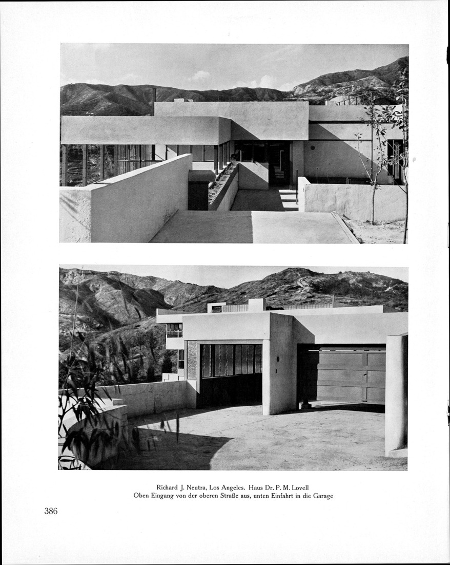 Entrada y garaje. Moderne Bauformen, agosto de 1932, pp. 382-89. Colección de Nicholas Olsberg. © 2024 The Neutra Institute for Survival Through Design y reproducido con permiso.
