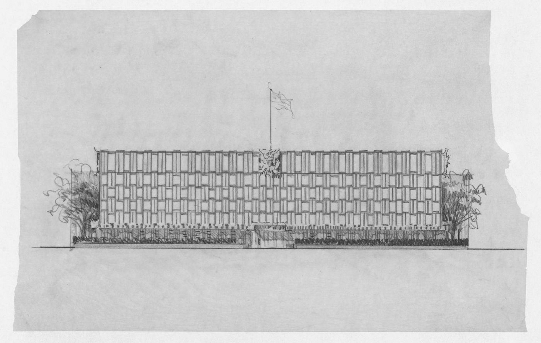  Façade elevation, United States Chancellery Building, London, England by Eero Saarinen. 1956-1957.