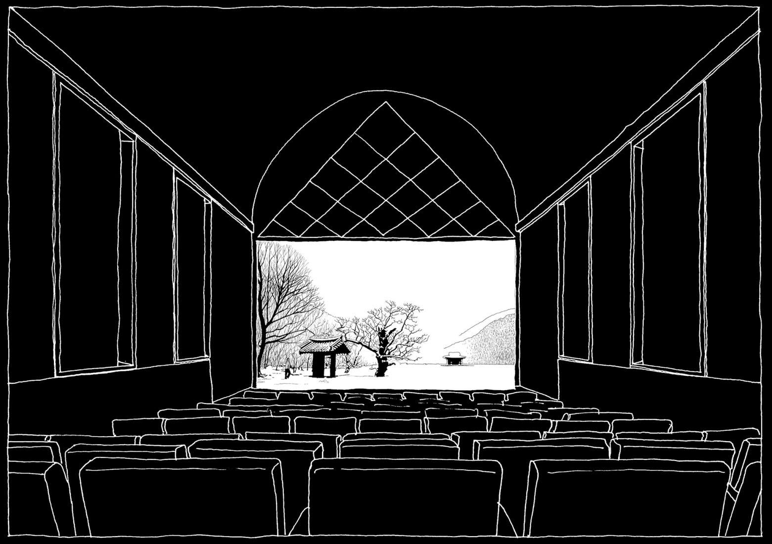 Dibujo de la sala. Cine y Auditorio del Museo Reina Sofía por BACH / Jaume Bach + Anna y Eugeni Bach. 
