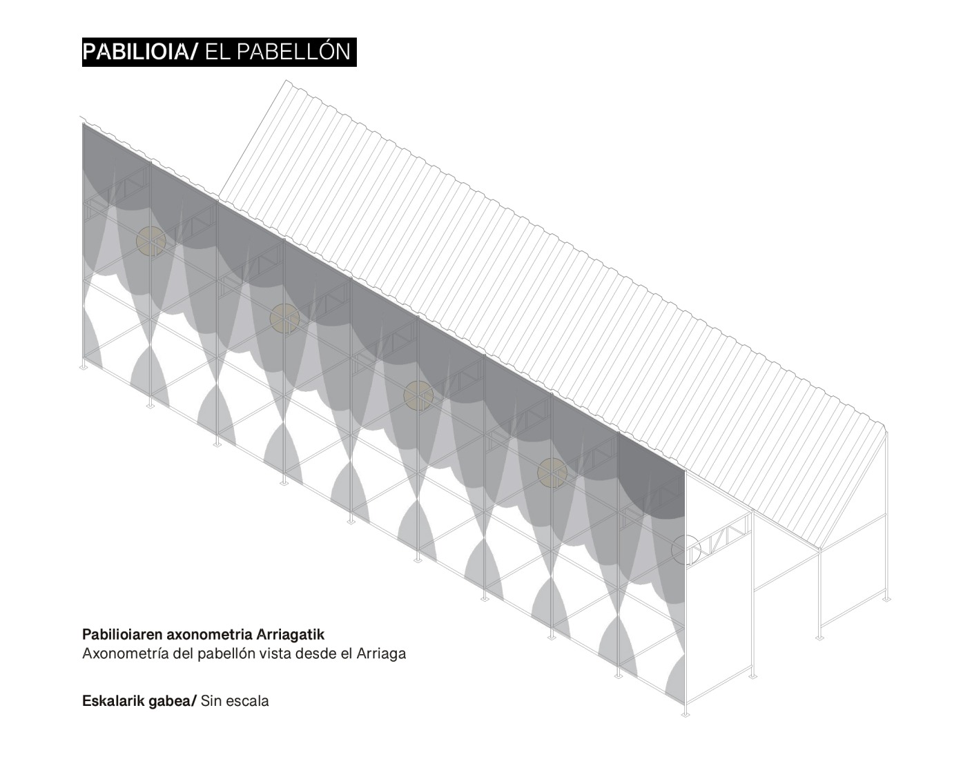 Axonometry of the pavilion seen from the Arriaga. Etxenoi by AMA Architectural Office.