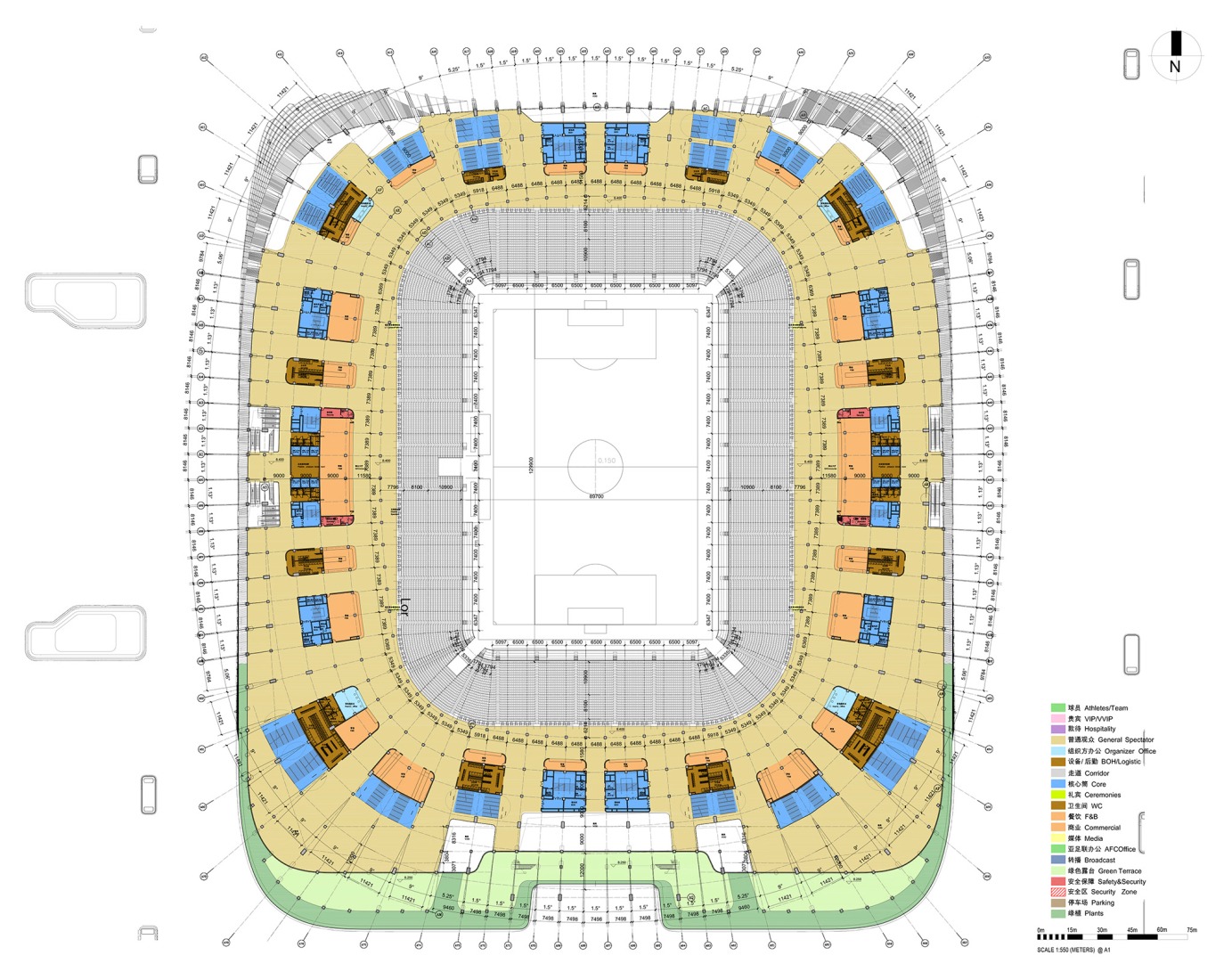 Plano nivel 3. Centro Internacional de Fútbol de Xian, por Zaha Hadid Architects. 