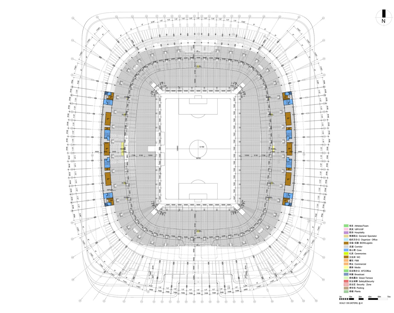 Plano nivel 7. Centro Internacional de Fútbol de Xian, por Zaha Hadid Architects. 