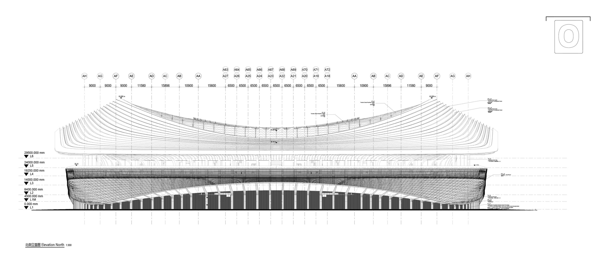 Alzado norte. Centro Internacional de Fútbol de Xian, por Zaha Hadid Architects. 