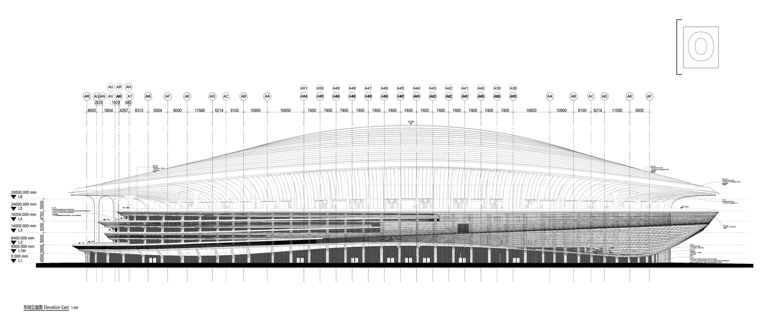 Alzado este. Centro Internacional de Fútbol de Xian, por Zaha Hadid Architects. 