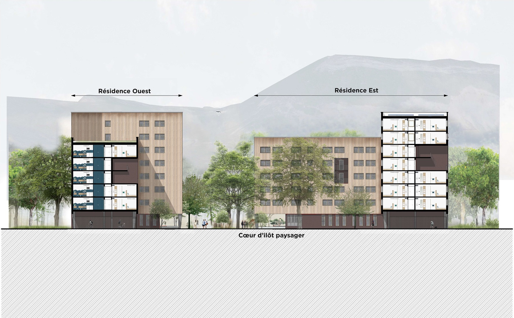 Sección transversal. Residencia de estudiantes Joséphine Baker por Ateliers A+ y Atelier Métis.