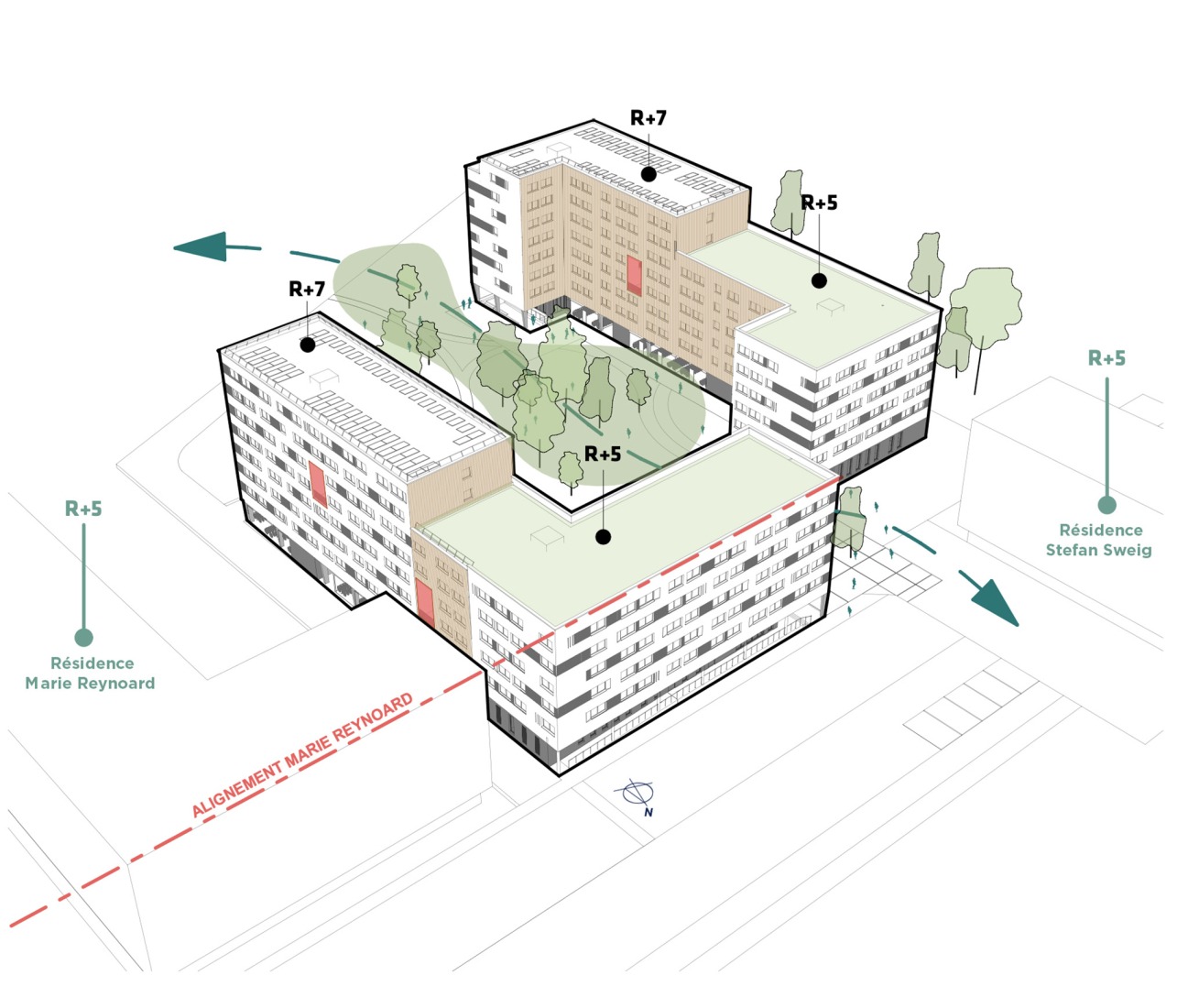 Axonometría. Residencia de estudiantes Joséphine Baker por Ateliers A+ y Atelier Métis.