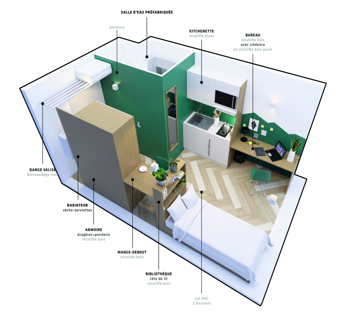 Apartamento tipo estudio. Residencia de estudiantes Joséphine Baker por Ateliers A+ y Atelier Métis.