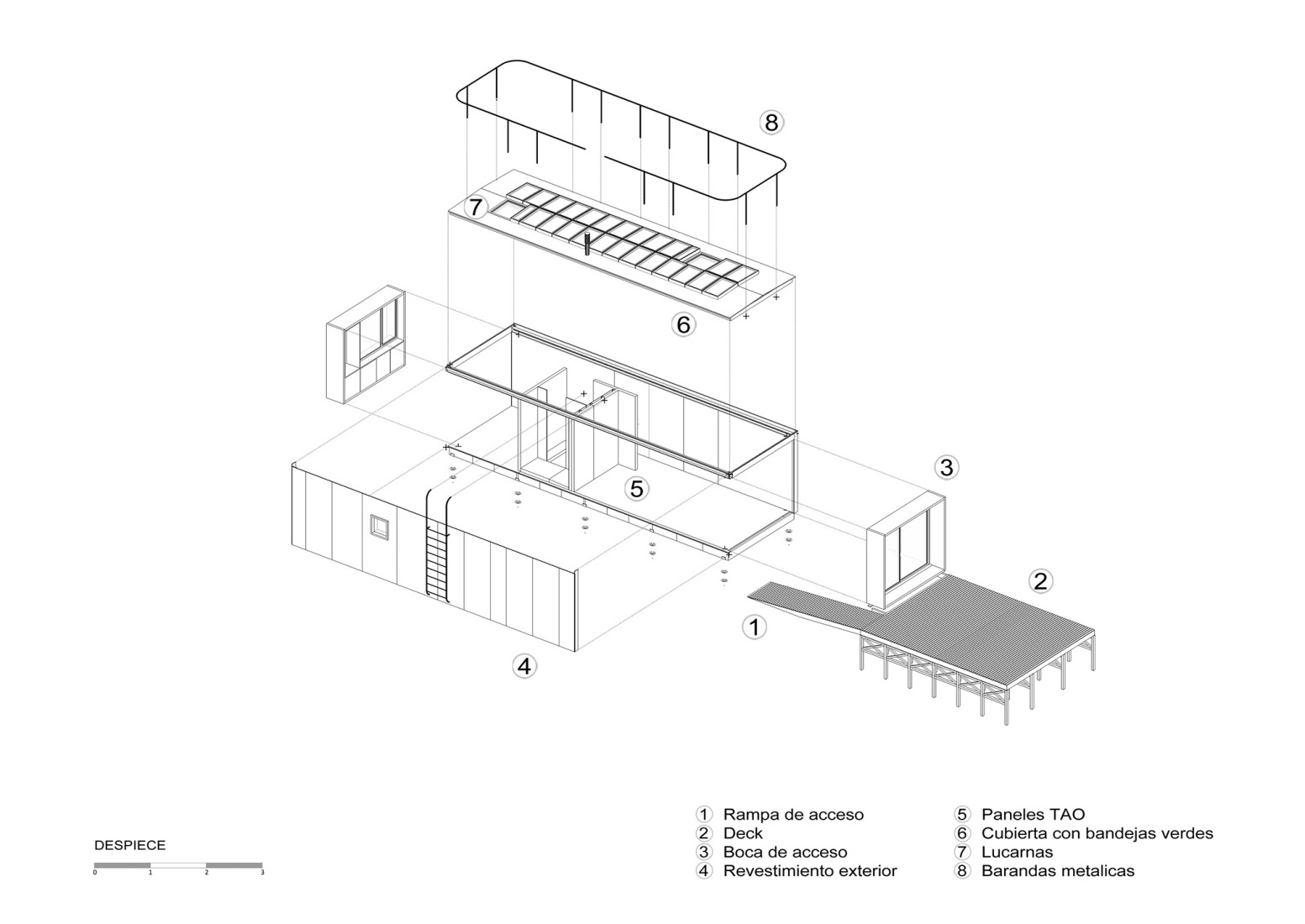Exploded axonometry. Minimal house in La Plata by Estudio Borrachia. 