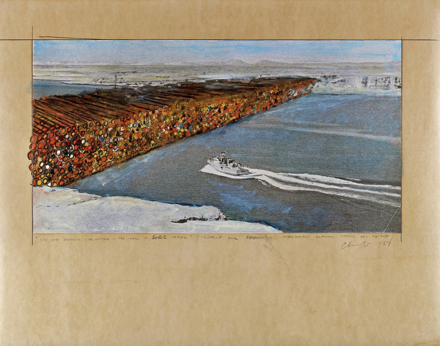 Christo and Jeanne-Claude. The Wall in Suez Canal—500,000 Barrels Structure (Project for a Temporary Monument between Israel and Egypt). 1967. Graphite, wax crayon, enamel paint, wash, and photocopy on cardboard. 56 x 71 x 4 cm. Photograph by André Grossmann. Courtesy by the Christo and Jeanne-Claude Foundation / Prats Nogueras Blanchard, Barcelona/Madrid.