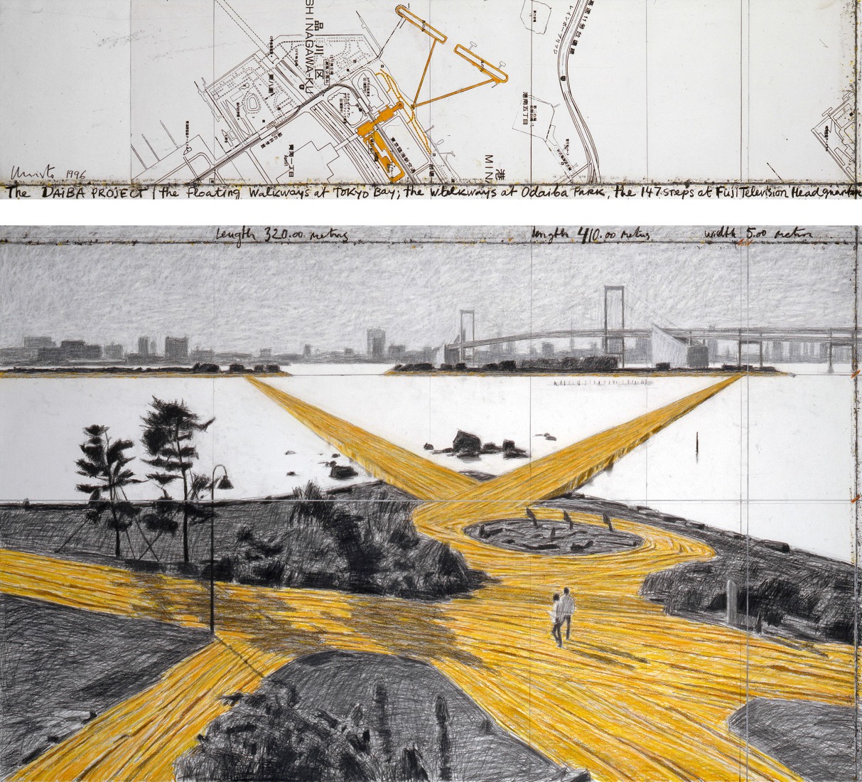 Christo and Jeanne-Claude. The Daiba Project (The Floating Walkways at Tokyo Bay, The Walkways at Odaiba Park, The 147 Steps at Fuji Television Headquarters). 1996. Graphite, charcoal, pastel, wax crayon and map on paper. 38 x 165 x 4 cm 107 x 165 x 4 cm. Photograph by André Grossmann. Courtesy by Christo and Jeanne-Claude Foundation / Prats Nogueras Blanchard Barcelona/Madrid.