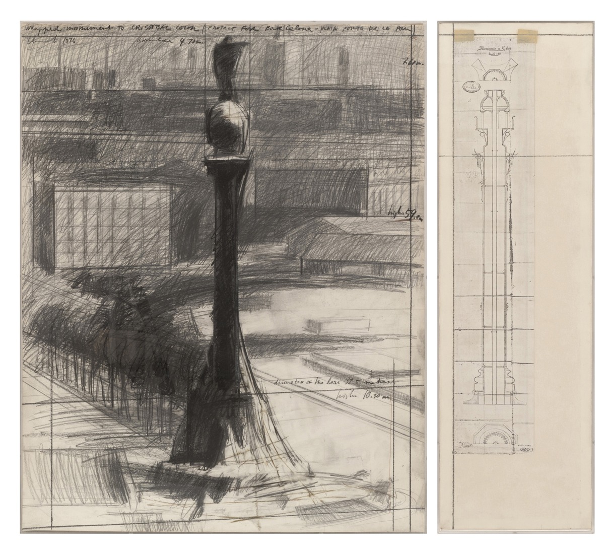 Christo and Jeanne-Claude. Wrapped monument to Cristóbal Colon XIII (Project for Barcelona, Plaça Porta de la Pau), 1976. Graphite, charcoal, ink on paper. 71 × 56 × 3 cm (28 × 22 × 1 ⅛ inches) (framed), 71 × 20 × 3 cm (28 × 7 ⅞ × 1 ⅛ inches) (framed). Courtesy by Christo and Jeanne-Claude Foundation / Prats Nogueras Blanchard Barcelona/Madrid.