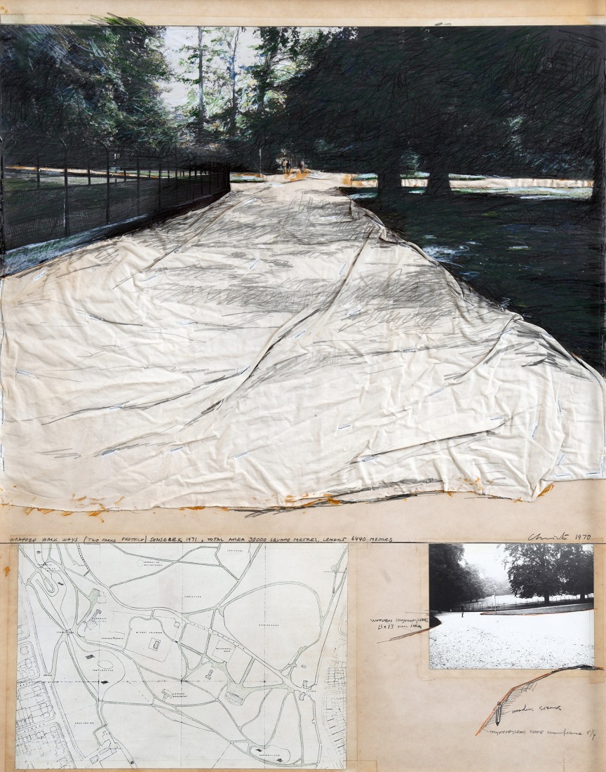 Christo and Jeanne-Claude. Wrapped Walk Ways (Two Parks Project) Sonsbeek Park, 1970. Graphite, wax crayon, photostat, fabric, staples, photograph, map, and adhesive tape on paper. 71 × 56 × 4 cm (28 × 22 × 1 ⅝ inches) (framed). Photograph by Wolfgang Volz. Courtesy by Christo and Jeanne-Claude Foundation / Prats Nogueras Blanchard Barcelona/Madrid.