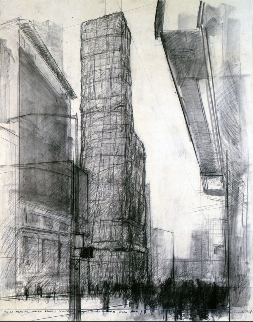 Christo and Jeanne-Claude. Allied Chemical Tower Packed (Project for 1 Times Square, New York), 1968. Graphite, charcoal, wax crayon, and wash on paper. 71 × 56 × 4 cm (28 × 22 × 1 ⅝ inches) (framed). Photograph by Eeva-Inkeri. Courtesy by Christo and Jeanne-Claude Foundation / Prats Nogueras Blanchard Barcelona/Madrid.