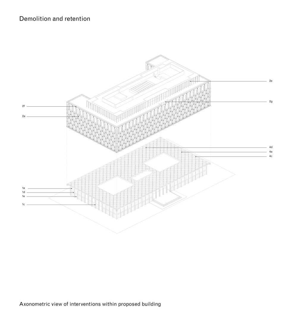 Axonometric view of proposed interventions on existing building. 30 Grosvenor Square by David Chipperfield Architects. 