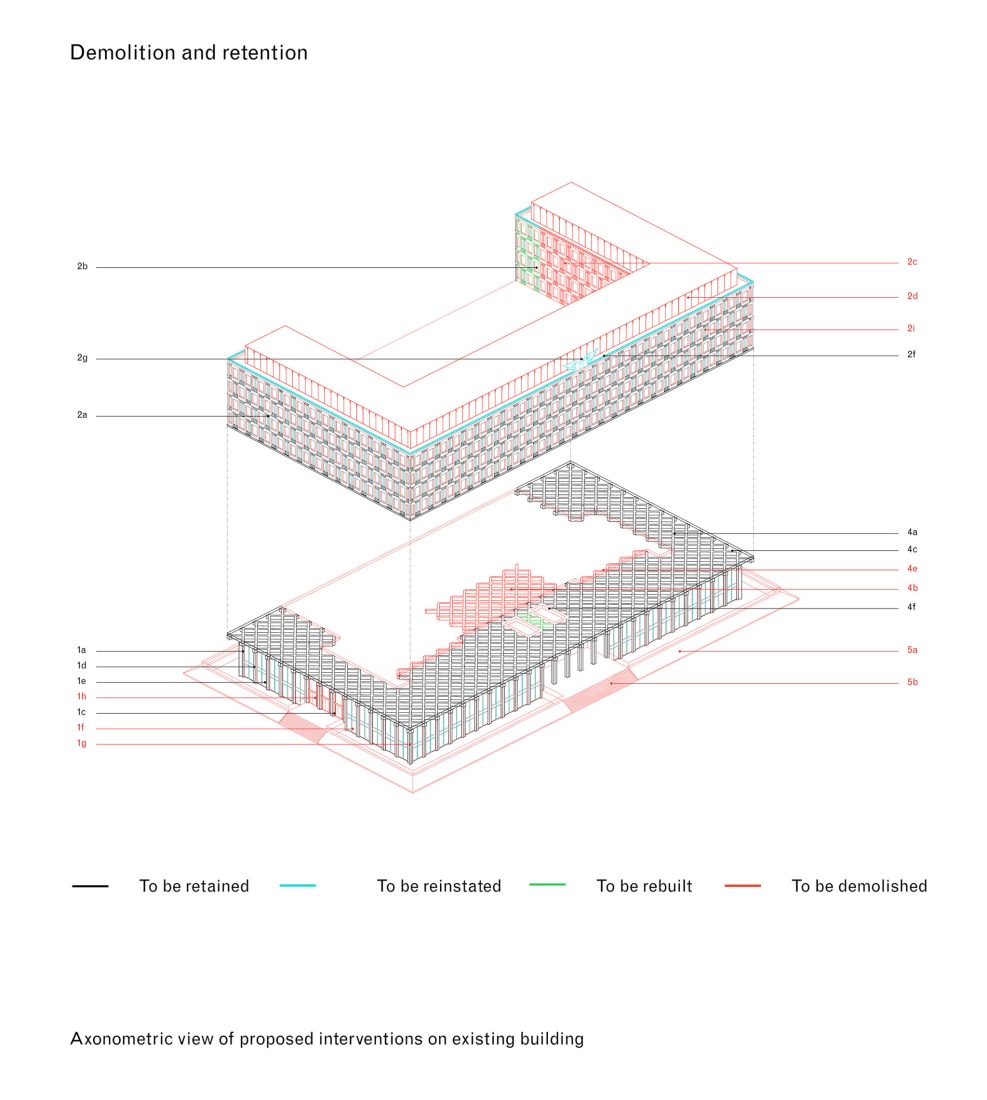 Axonometric view of proposed interventions on existing building. 30 Grosvenor Square by David Chipperfield Architects. 
