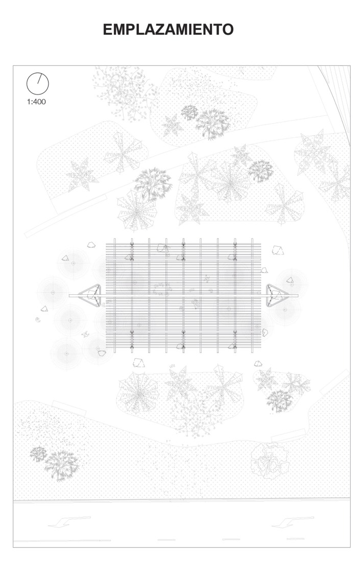Site plan. Temporary Pavilion Espartal TAC! 2025 by ELE Arkitektura, GA Estudio, Florencia Galecio and Juan Gubbins. Site plan. Temporary Pavilion Espartal TAC! 2025 by ELE Arkitektura, GA Estudio, Florencia Galecio and Juan Gubbins.