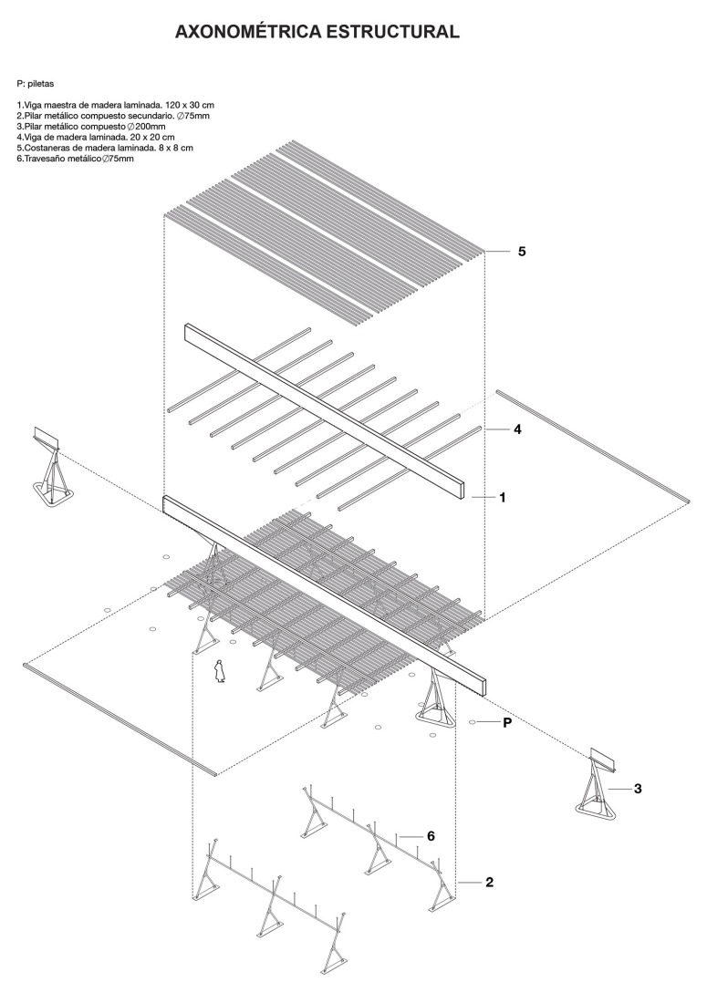 Axonometry. Temporary Pavilion Espartal TAC! 2025 by ELE Arkitektura, GA Estudio, Florencia Galecio and Juan Gubbins. Axonometry. Temporary Pavilion Espartal TAC! 2025 by ELE Arkitektura, GA Estudio, Florencia Galecio and Juan Gubbins.