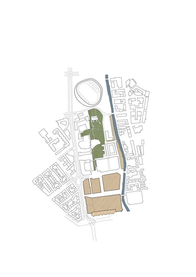 Plano de áreas verdes y flujo interno. Centralbadet por Henning Larsen.