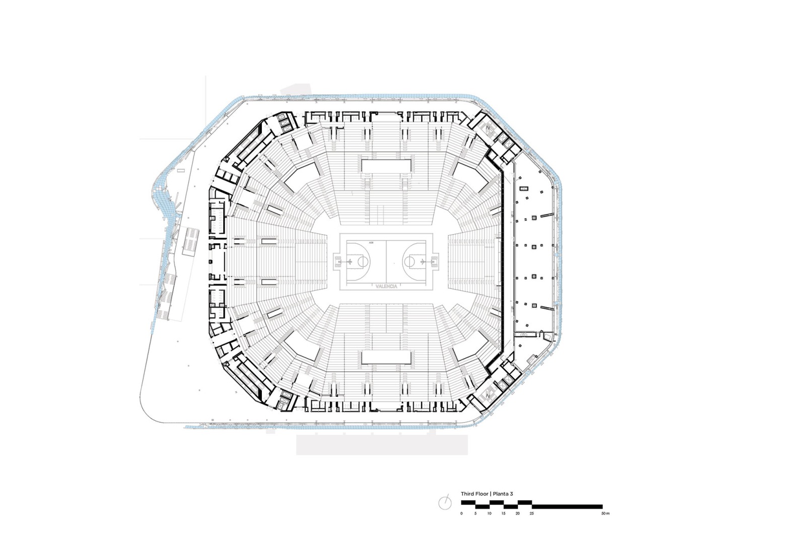 Planta de graderio superior. Roig Arena por HOK y ERRE.