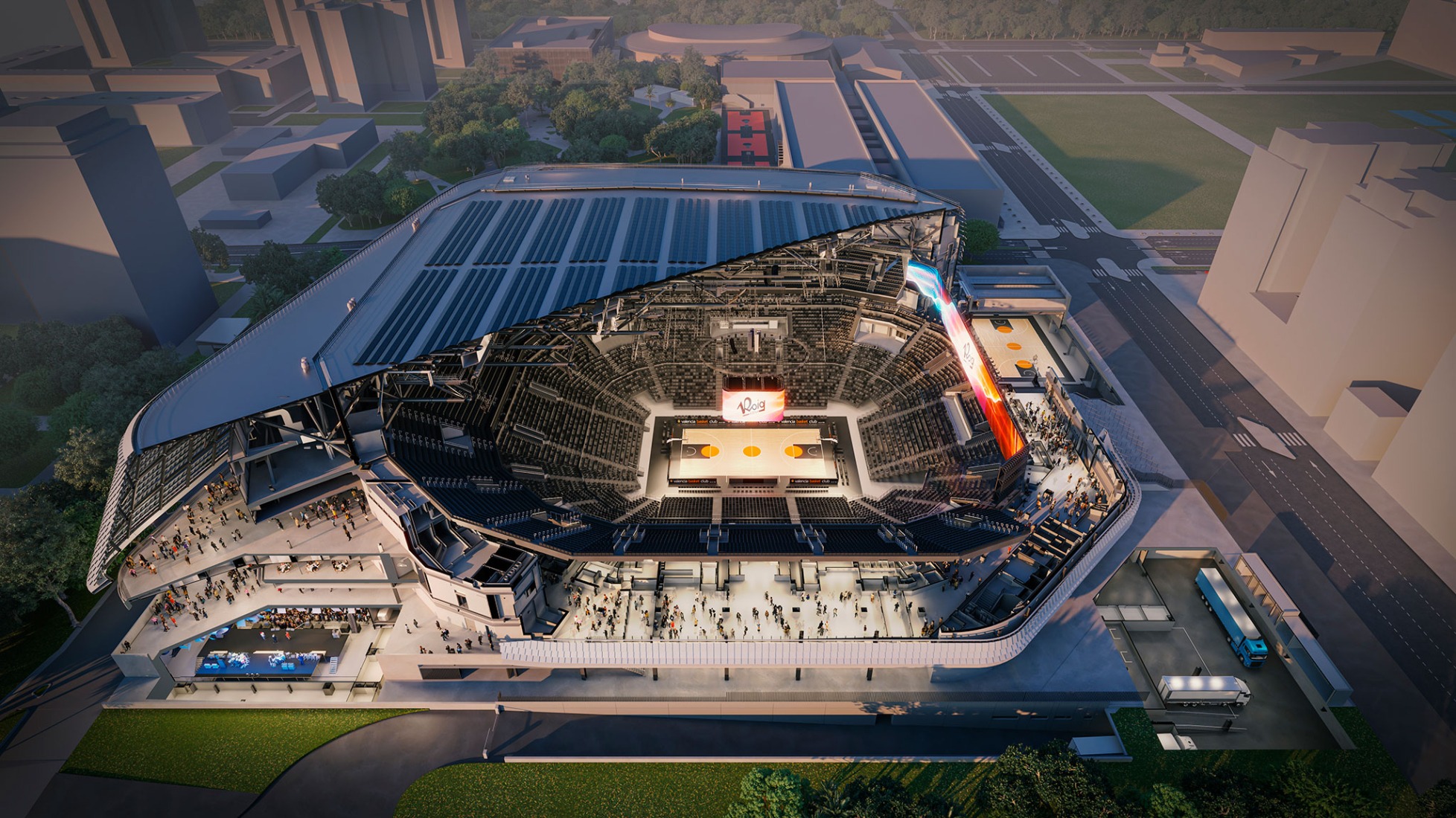 Visualizaciones seccionadas. Roig Arena por HOK y ERRE.