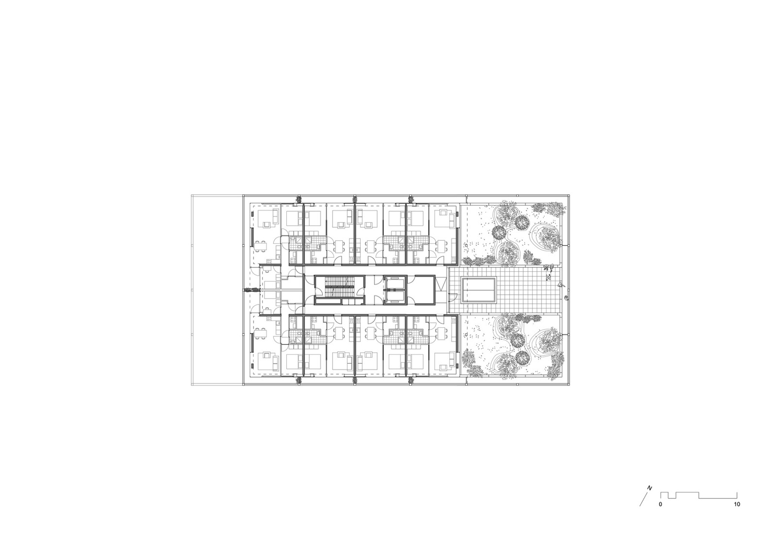 Plano de sexta planta. Complejo de viviendas sociales «De Vrijheid» por Atelier Kempe Thill architects and planners.
