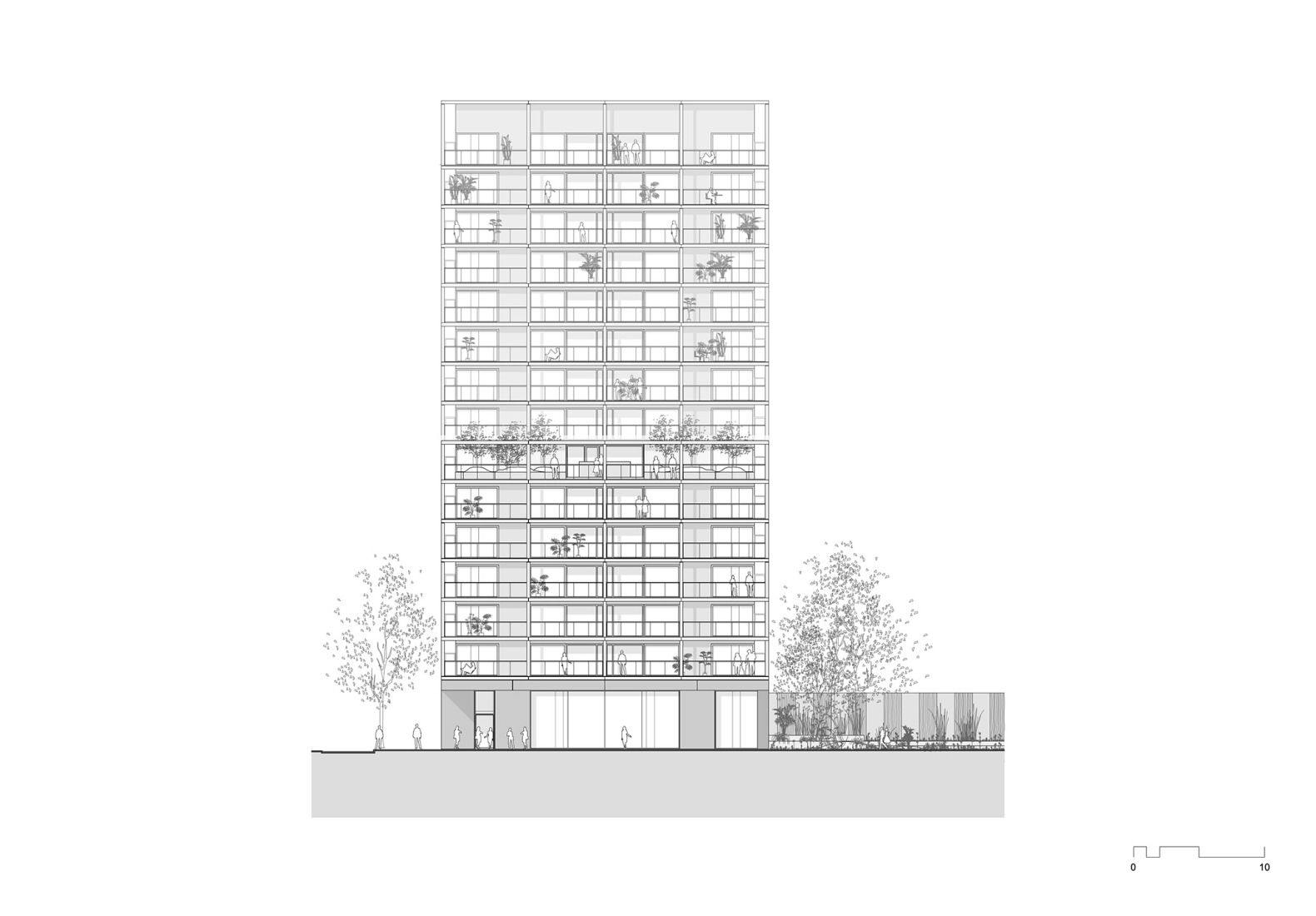 Alzado Este. Complejo de viviendas sociales «De Vrijheid» por Atelier Kempe Thill architects and planners.