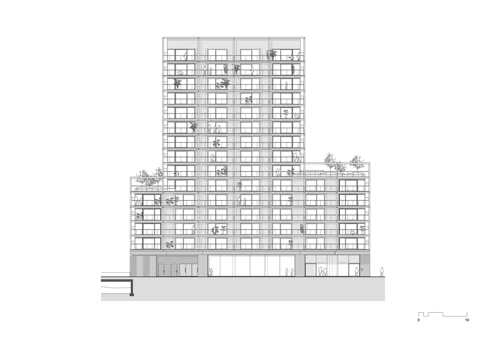 Alzado Norte. Complejo de viviendas sociales «De Vrijheid» por Atelier Kempe Thill architects and planners.