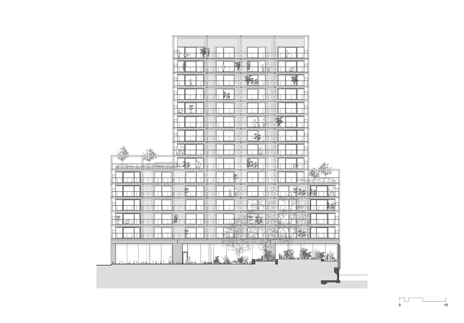 Alzado Sur. Complejo de viviendas sociales «De Vrijheid» por Atelier Kempe Thill architects and planners.