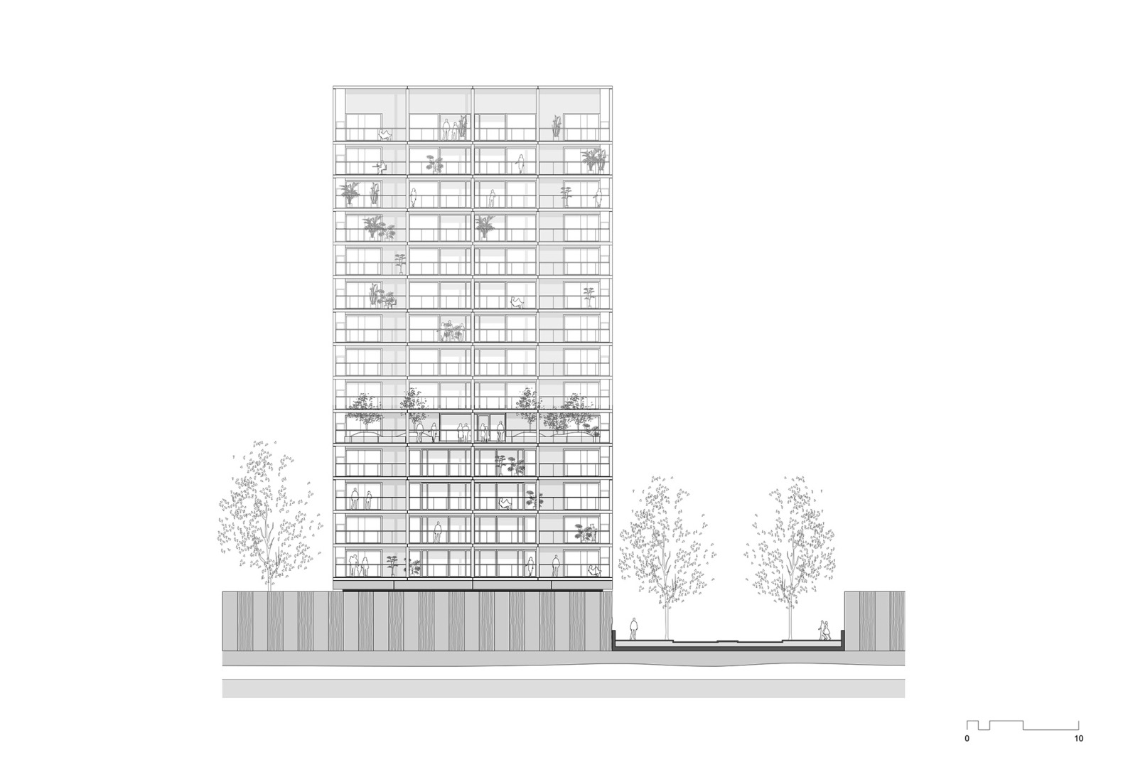 Alzado Oeste. Complejo de viviendas sociales «De Vrijheid» por Atelier Kempe Thill architects and planners.