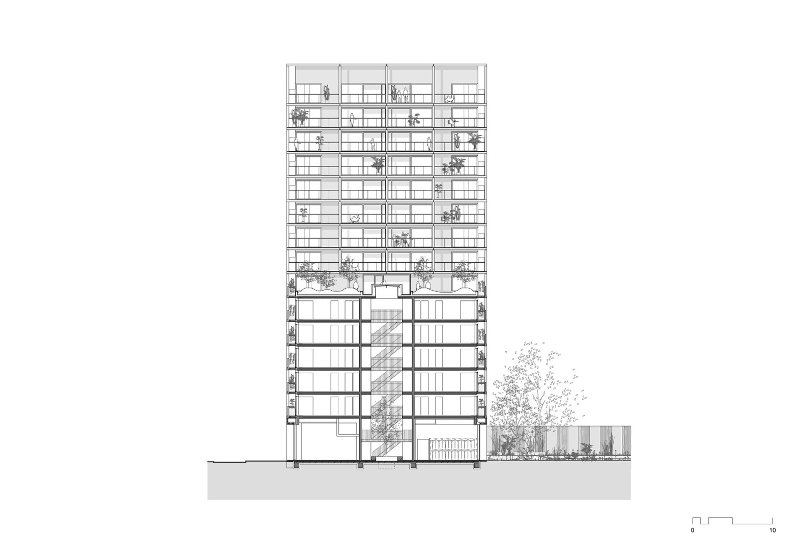Sección. Complejo de viviendas sociales «De Vrijheid» por Atelier Kempe Thill architects and planners.