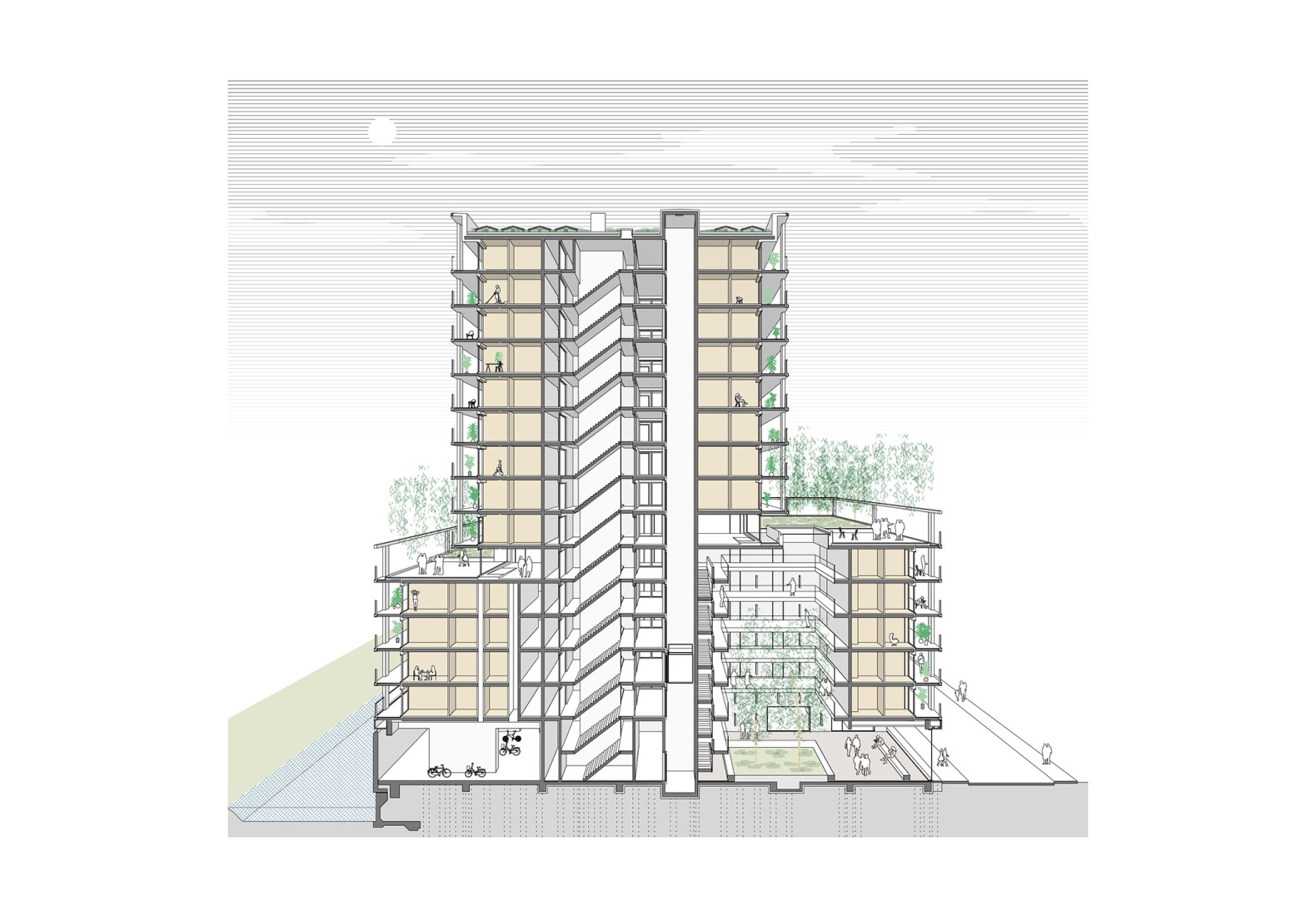 Sección perspectivada. Complejo de viviendas sociales «De Vrijheid» por Atelier Kempe Thill architects and planners.