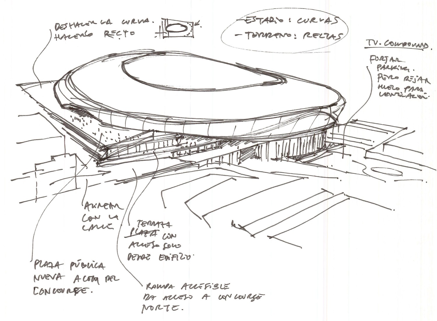 Sketch. The Cloud, Gran Canaria Stadium by L35 Architects and Estudio 0710.  Sketch. The Cloud, Gran Canaria Stadium by L35 Architects and Estudio 0710.