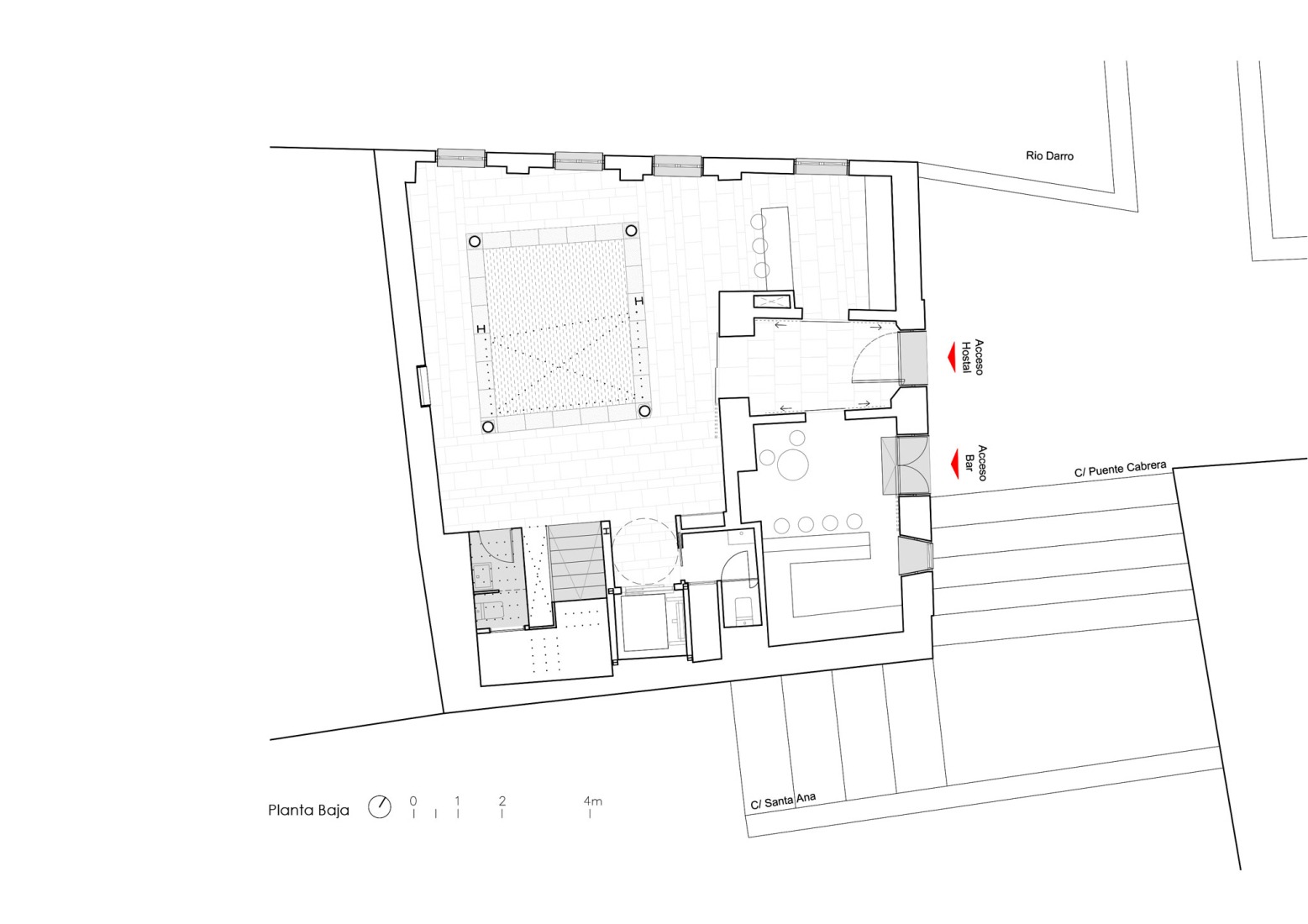 Ground floor plan. Seven-room hostel by Alejandro Muñoz Miranda. 