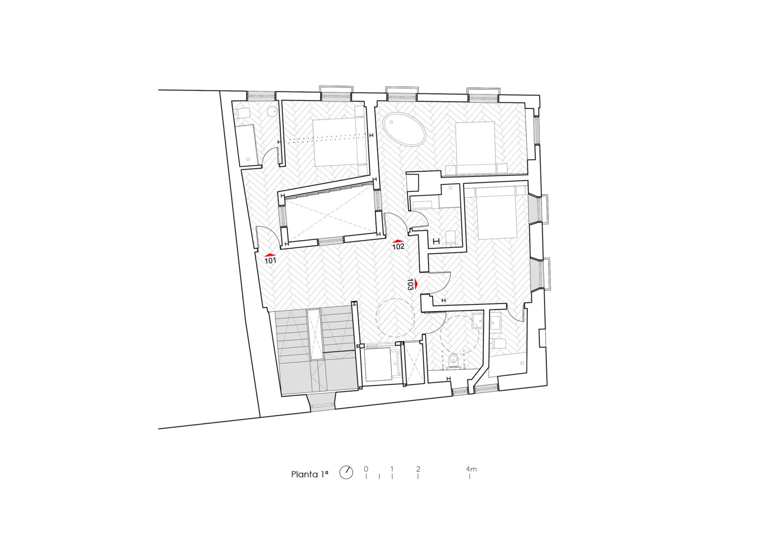 First floor plan. Seven-room hostel by Alejandro Muñoz Miranda. 
