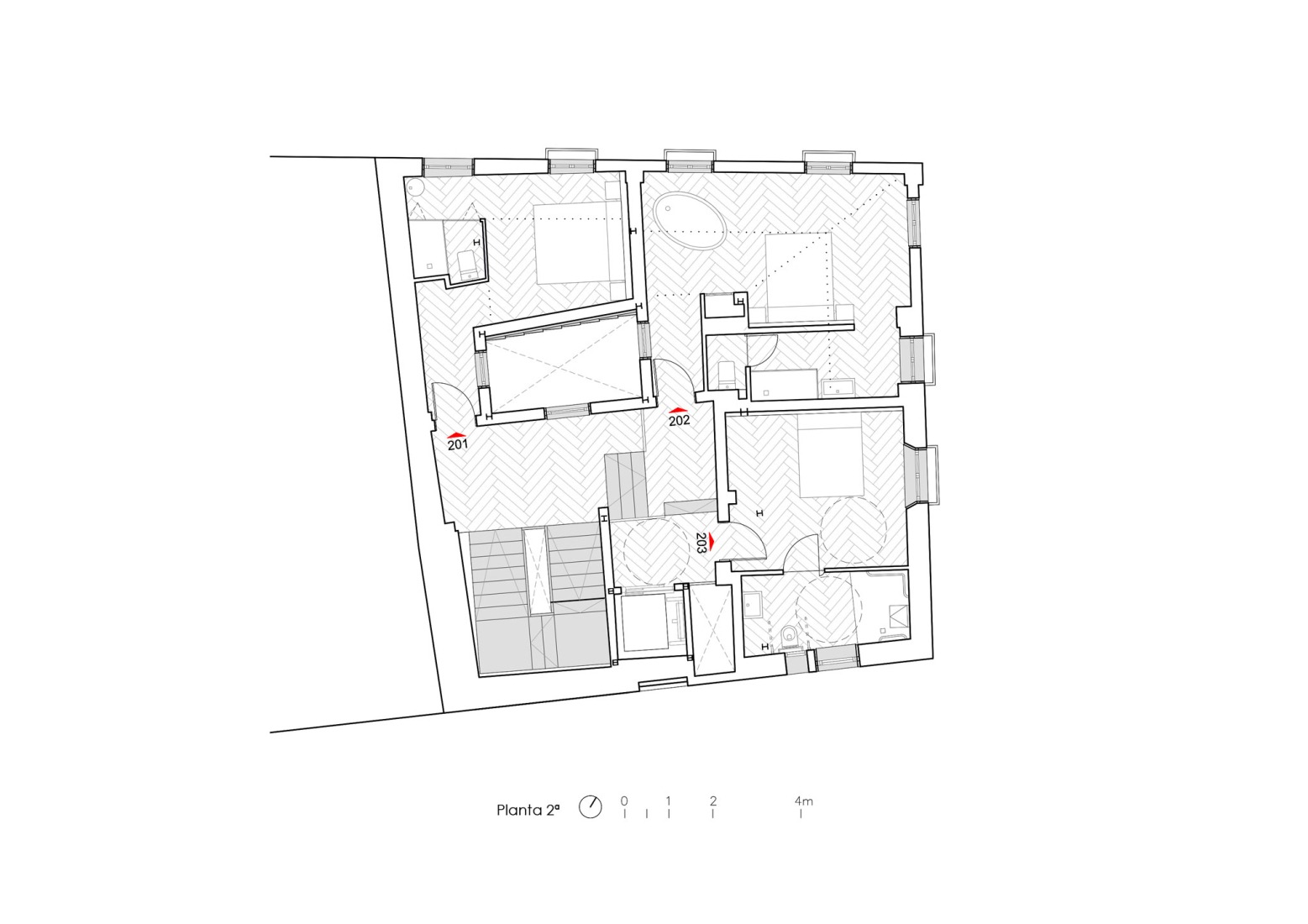 Second floor plan. Seven-room hostel by Alejandro Muñoz Miranda. 