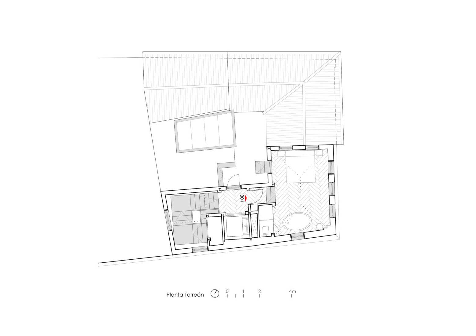 Torreón plan. Seven-room hostel by Alejandro Muñoz Miranda. 