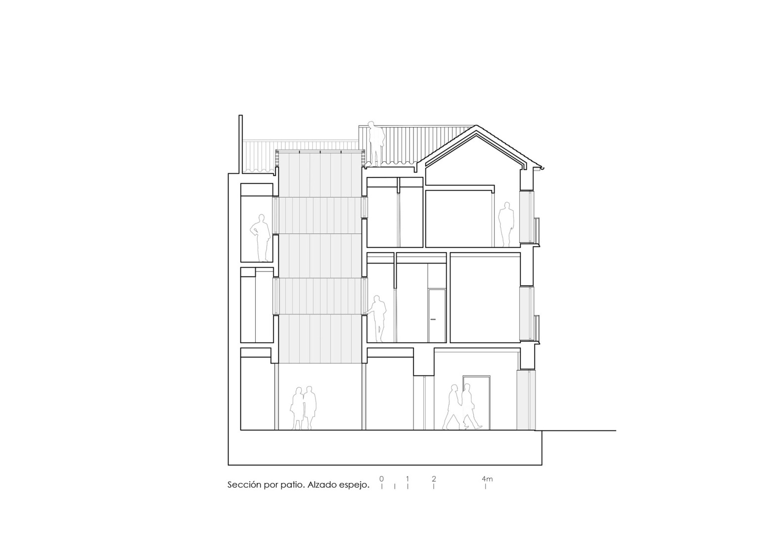 Section through courtyard. Mirror elevation.. Seven-room hostel by Alejandro Muñoz Miranda. 