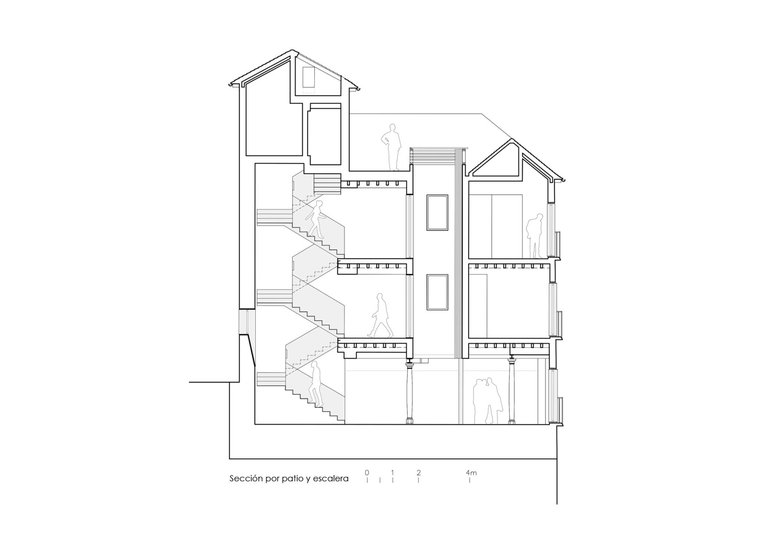 Section through courtyard. Staircase. Seven-room hostel by Alejandro Muñoz Miranda. 