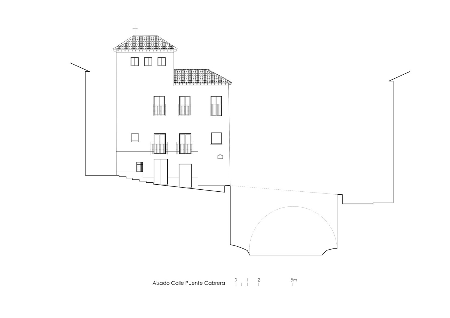 Calle Puente Cabrera elevation. Staircase. Seven-room hostel by Alejandro Muñoz Miranda. 