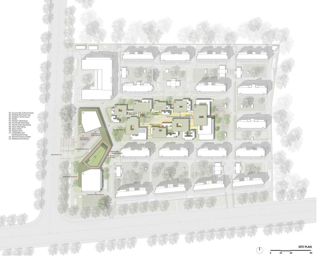 The T-shaped amenities face the urban interface and extend into the community. Joyful Community by GN Architects.