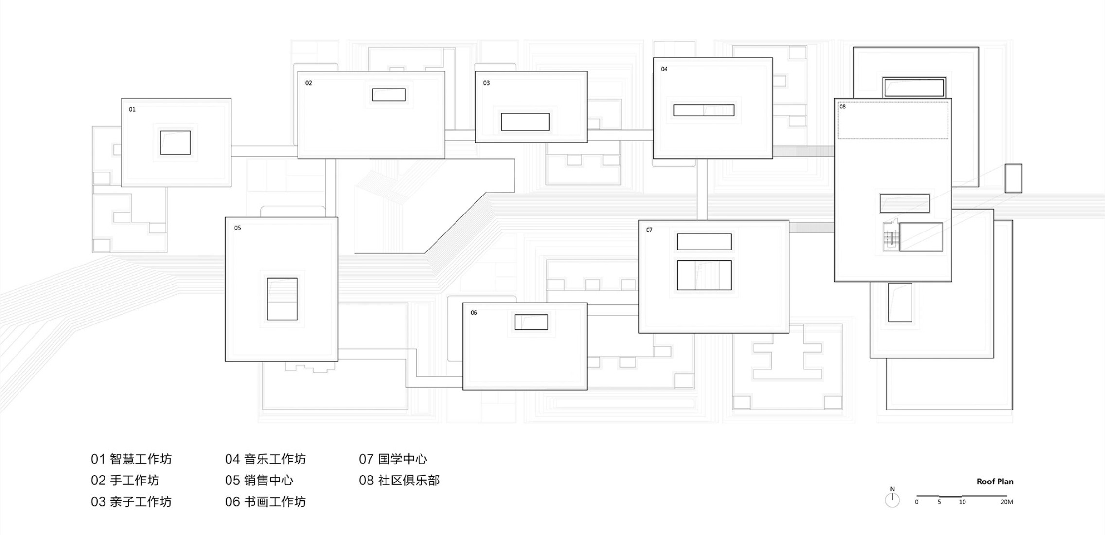 Roof plan of Village Center. Joyful Community by GN Architects.