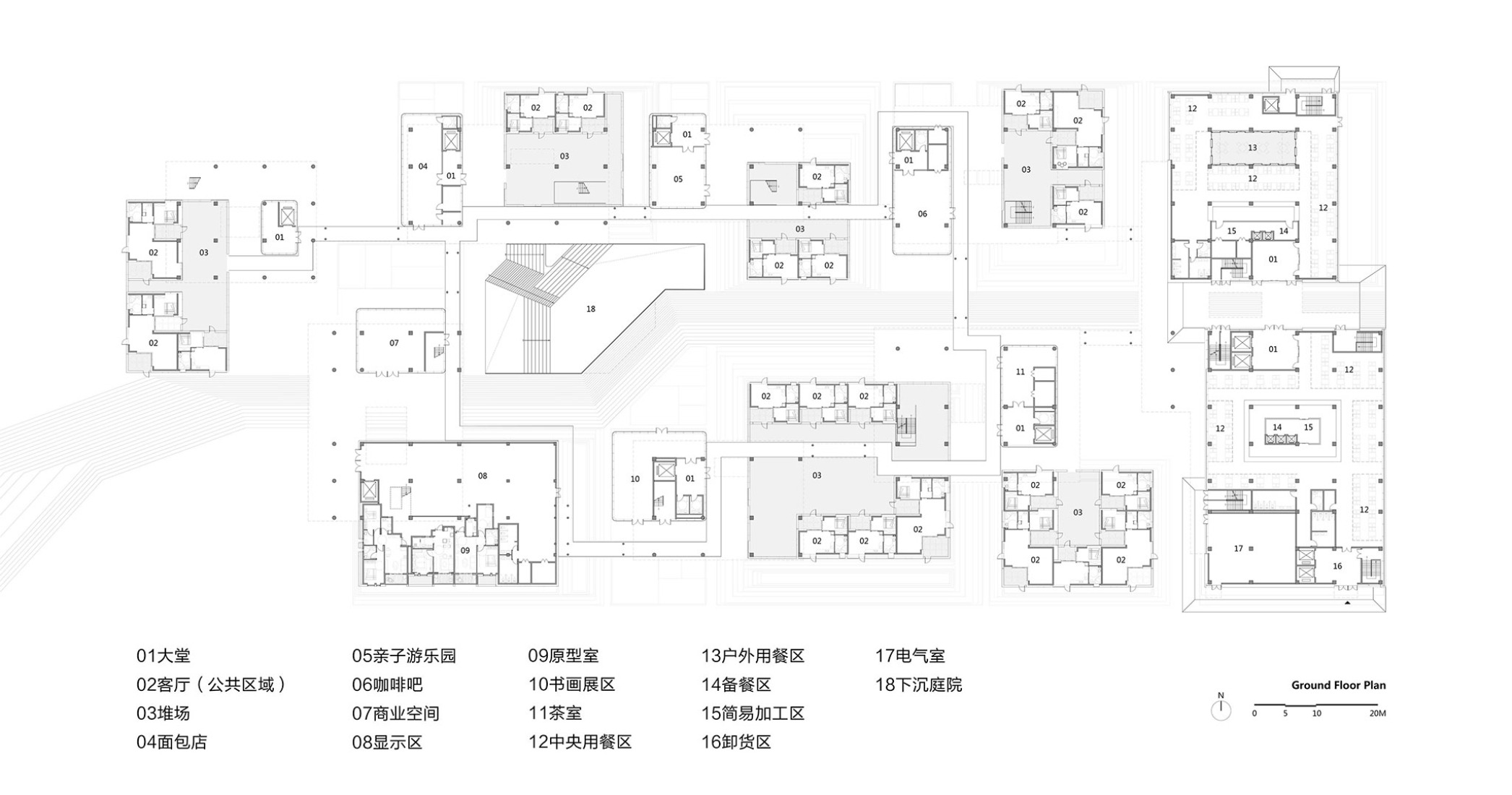 1F plan of Village Center. Joyful Community by GN Architects.