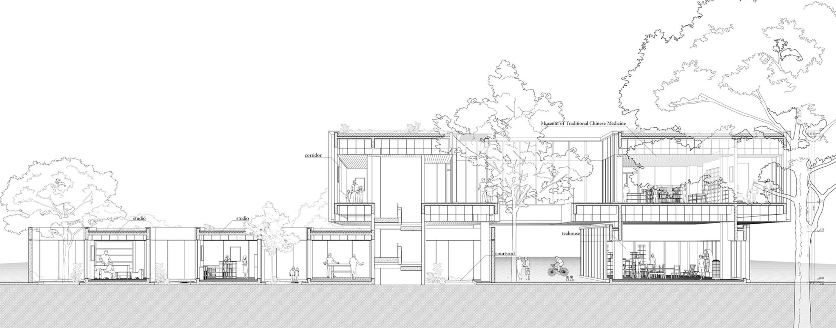 Sections of Village Center. Joyful Community by GN Architects.