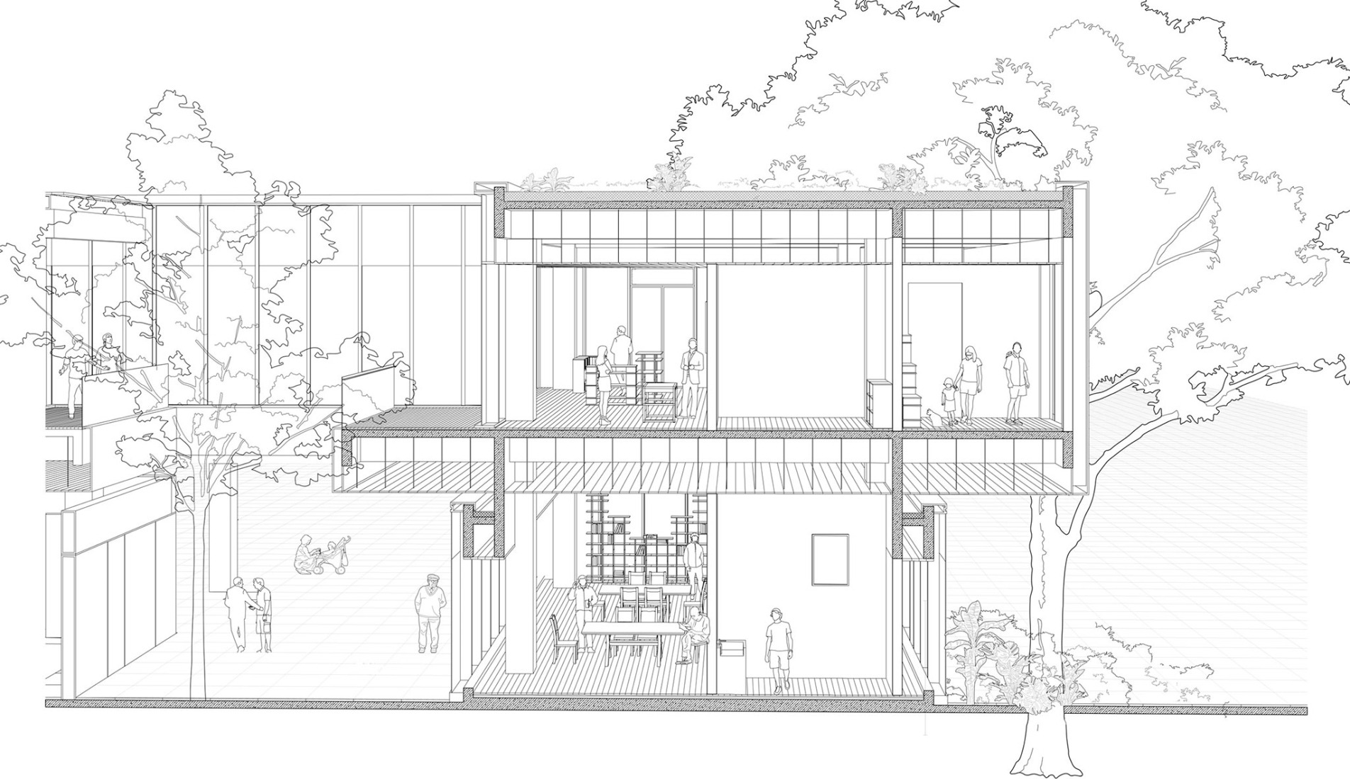 Sections of Village Center. Joyful Community by GN Architects.