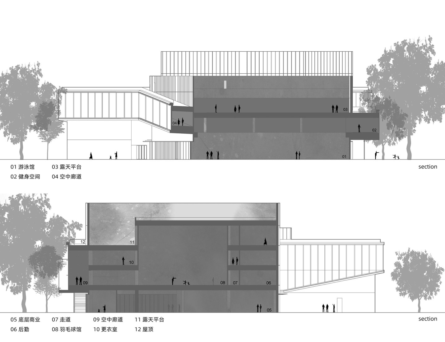 Sections of Sport Complex. Joyful Community by GN Architects.